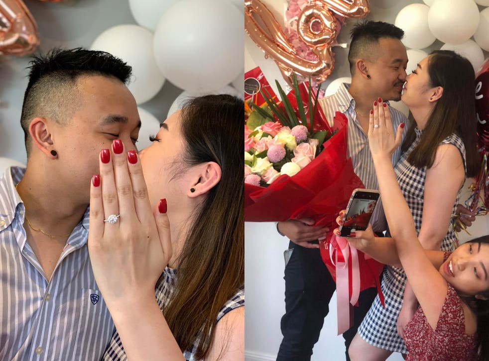 Twitter user @goodgaljenjen shared photos of how she modelled her cousin's engagement ring for the couple's announcement photo