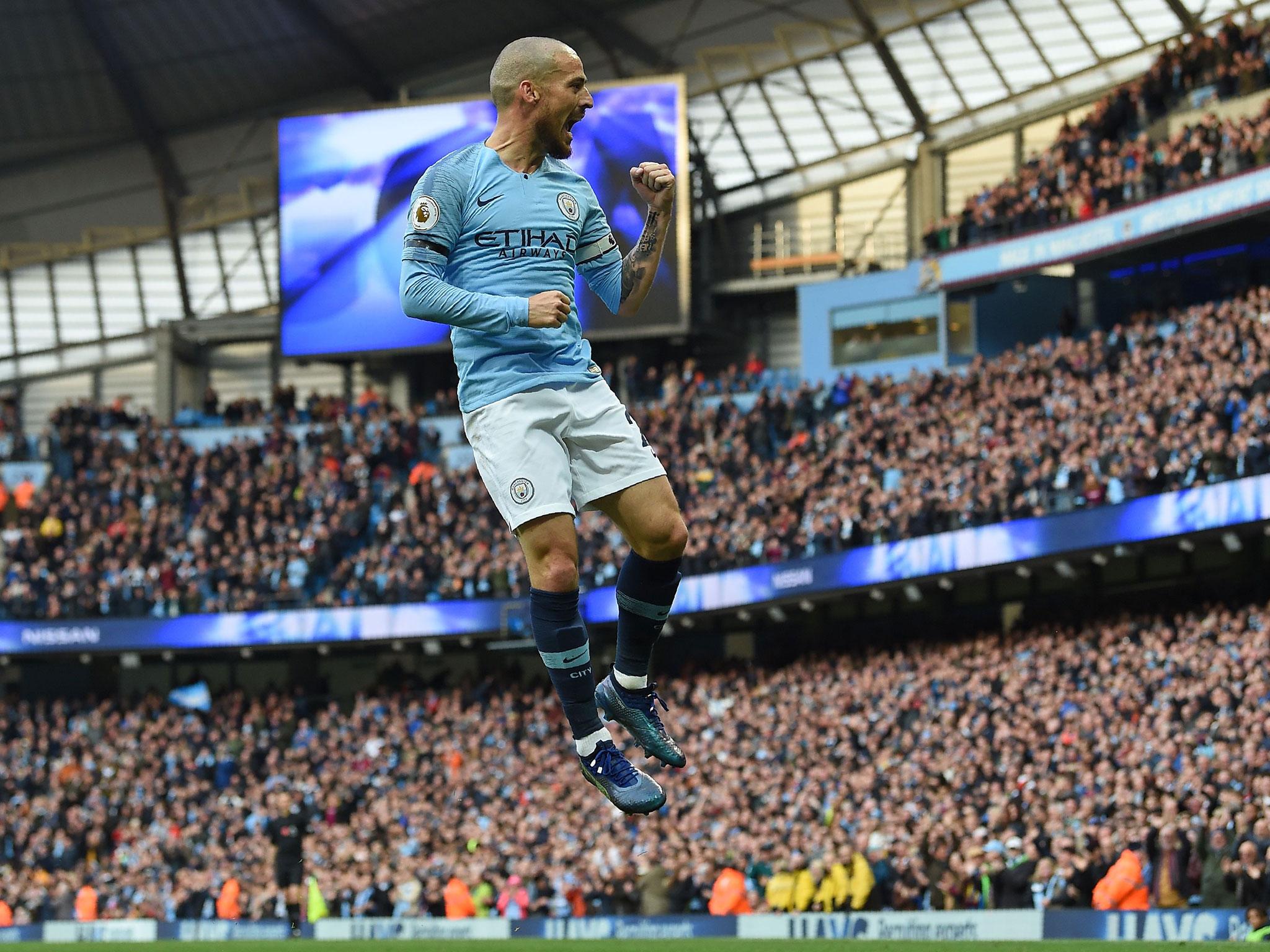 David Silva celebrates after scoring Manchester City's third goal