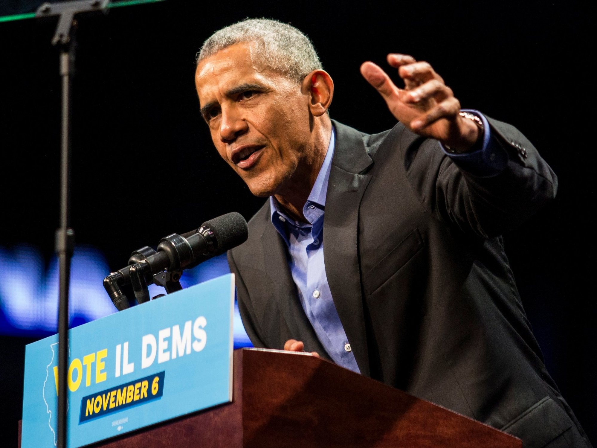 Former President Barack Obama speaks during a Get Out The Vote rally to campaign for Illinois gubernatorial candidate J.B. Pritzker in Chicago