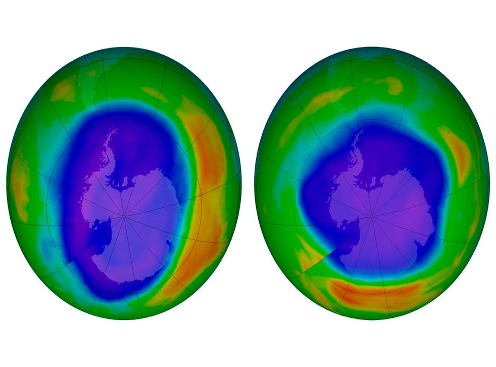 NASA images show the ozone above Antarctica in September 2000, left, and September 2018.
