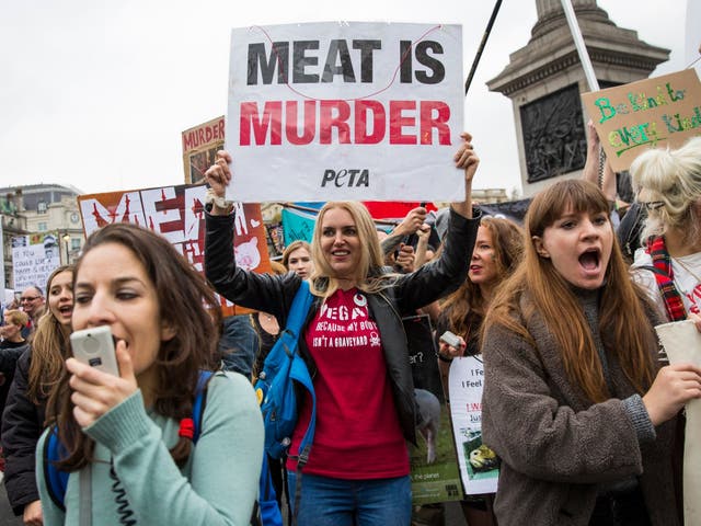 <p>Protesters carry placards and banners during an animal rights march in London </p>