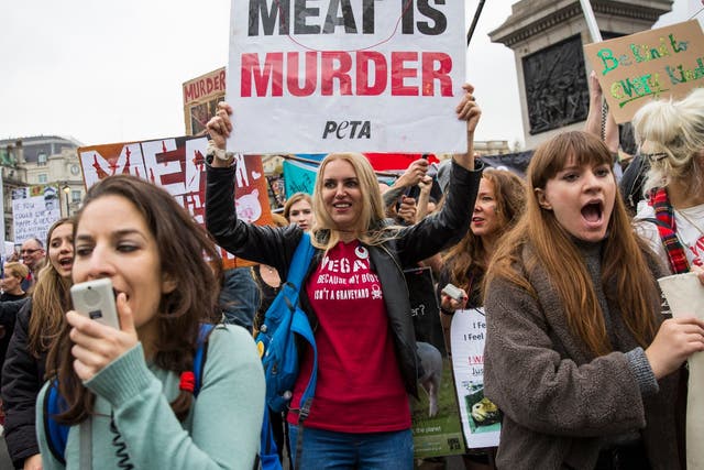 <p>Protesters carry placards and banners during an animal rights march in London </p>