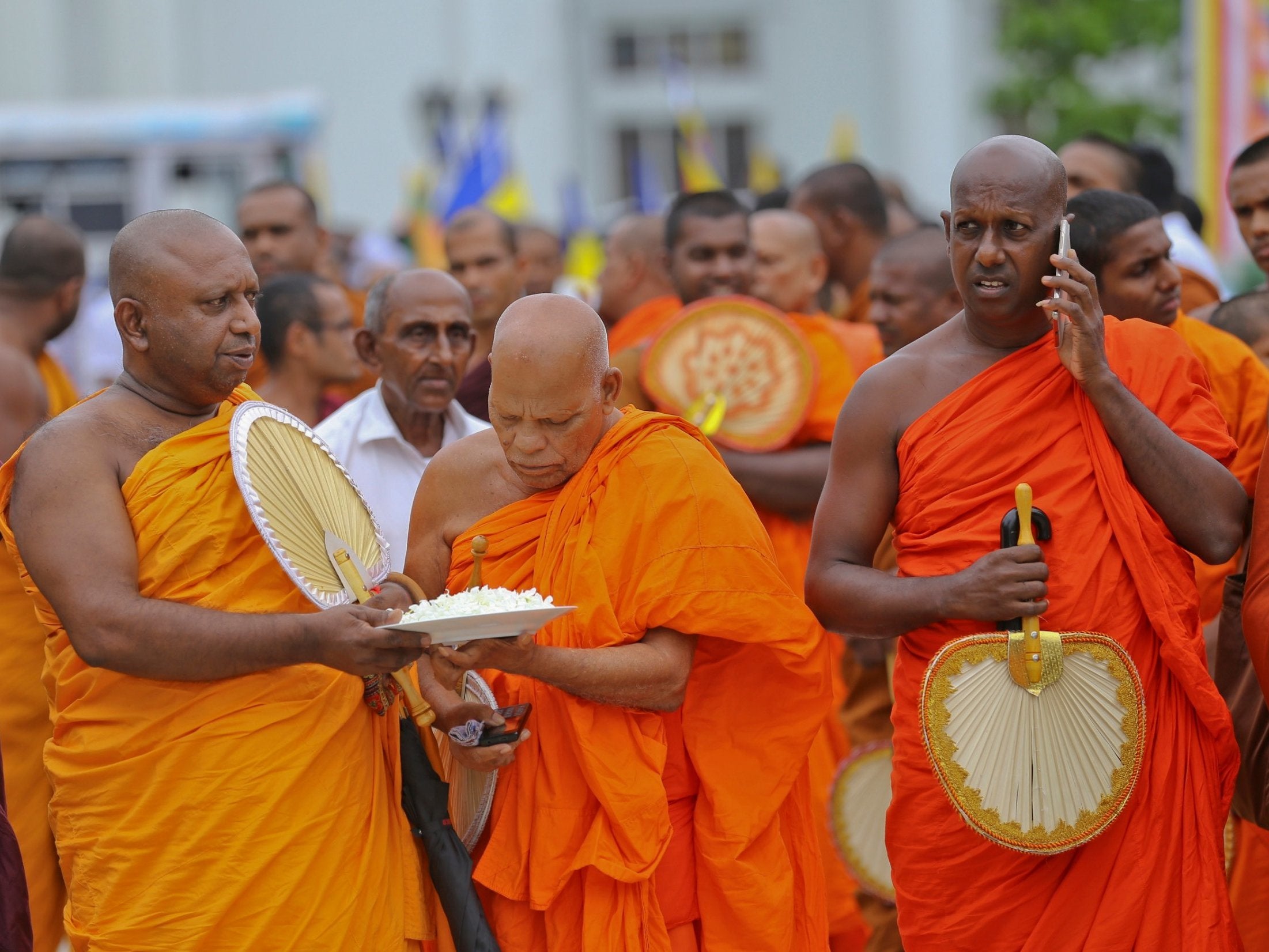 Sri Lankan Buddhist monks supporting ousted prime minister Ranil Wickremesinghe take part in convention held to appeal president Maithripala Sirisena to convene the parliament and restore democracy in Colombo on Tuesday