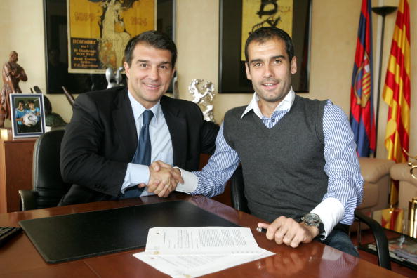 Pep Guardiola with Joan Laporta in 2008 as he's confirmed as Barcelona's coach