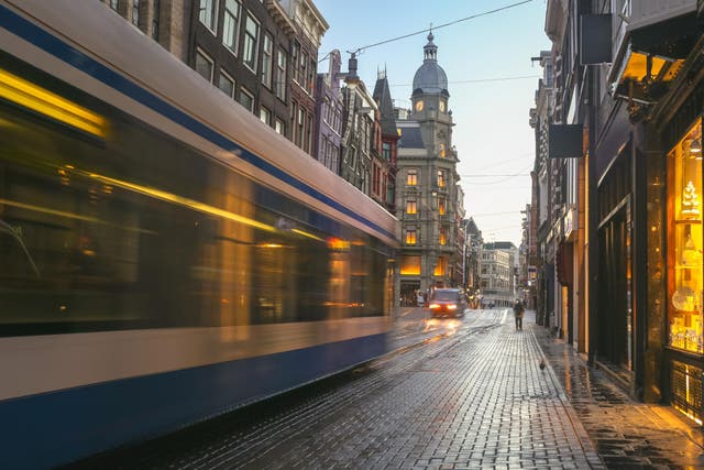 A tram in Amsterdam running on Leidestraat street