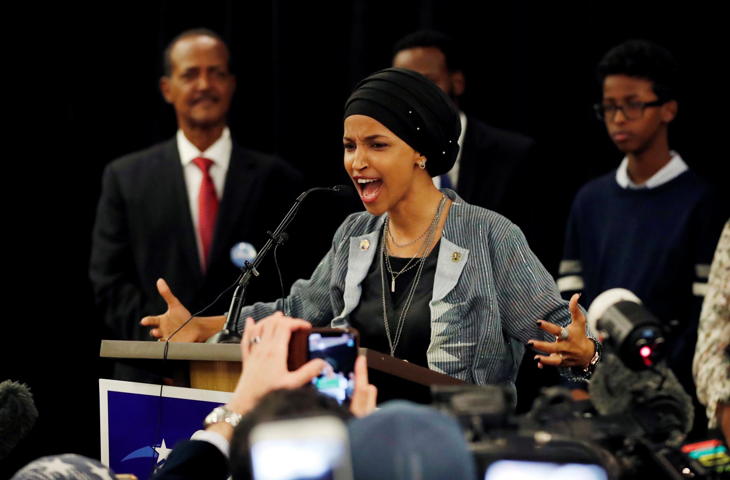 Ilhan Omar speaks at her midterm election night party in Minneapolis, Minnesota