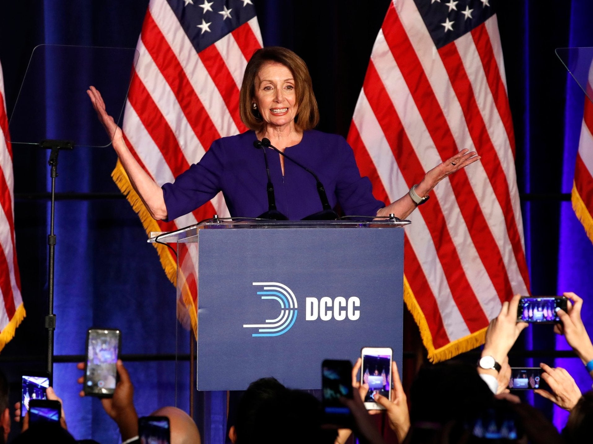 Democrat Nancy Pelosi is cheered by a crowd of supporters on election night