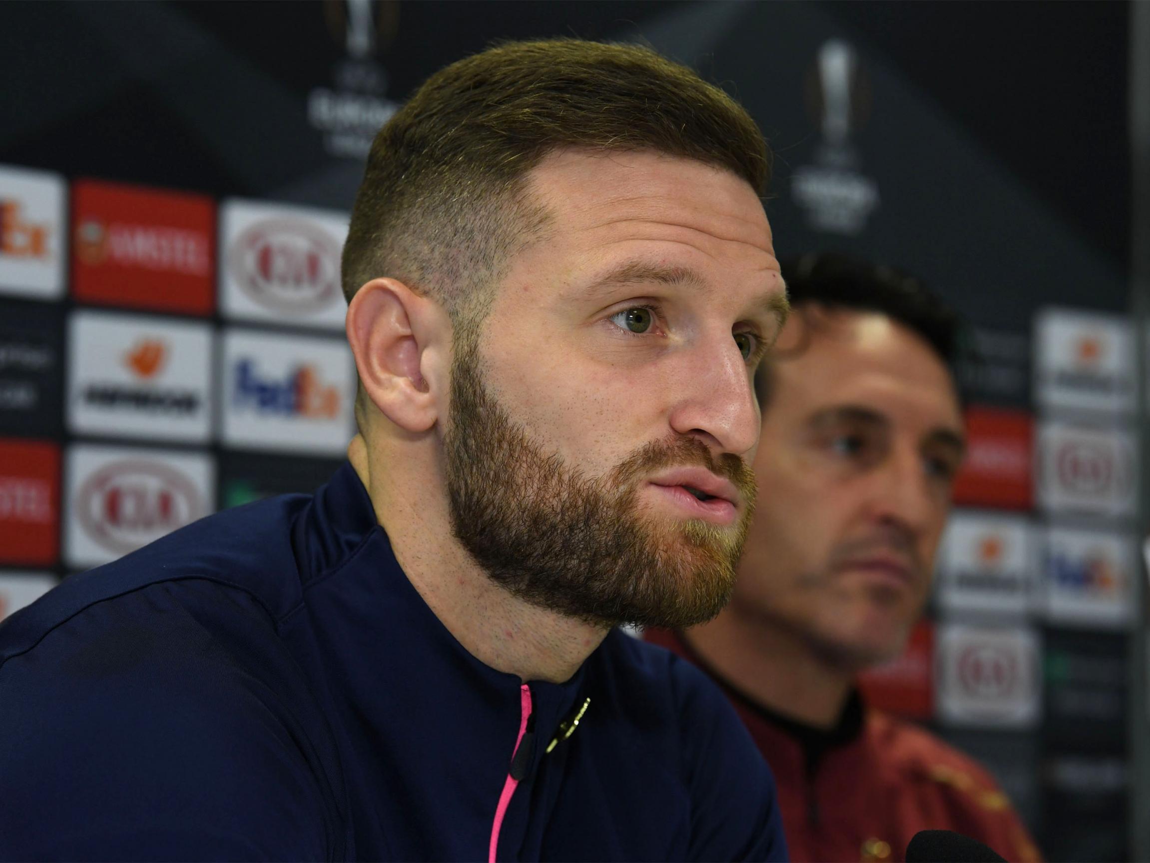 Shkodran Mustafi of Arsenal during a press conference
