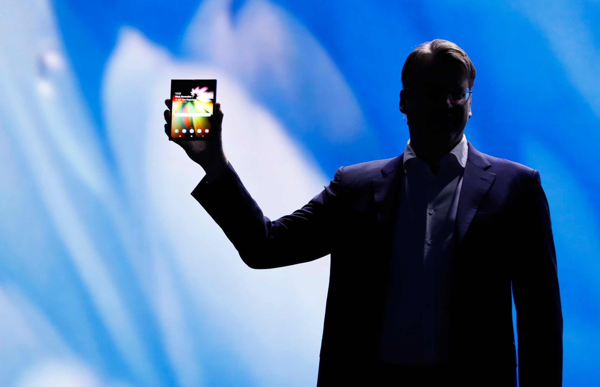 Justin Denison, Samsung Electronics senior vice president of Mobile Product Marketing, speaks during the unveiling of Samsung's new foldable screen smart phone (REUTERS/Stephen Lam)