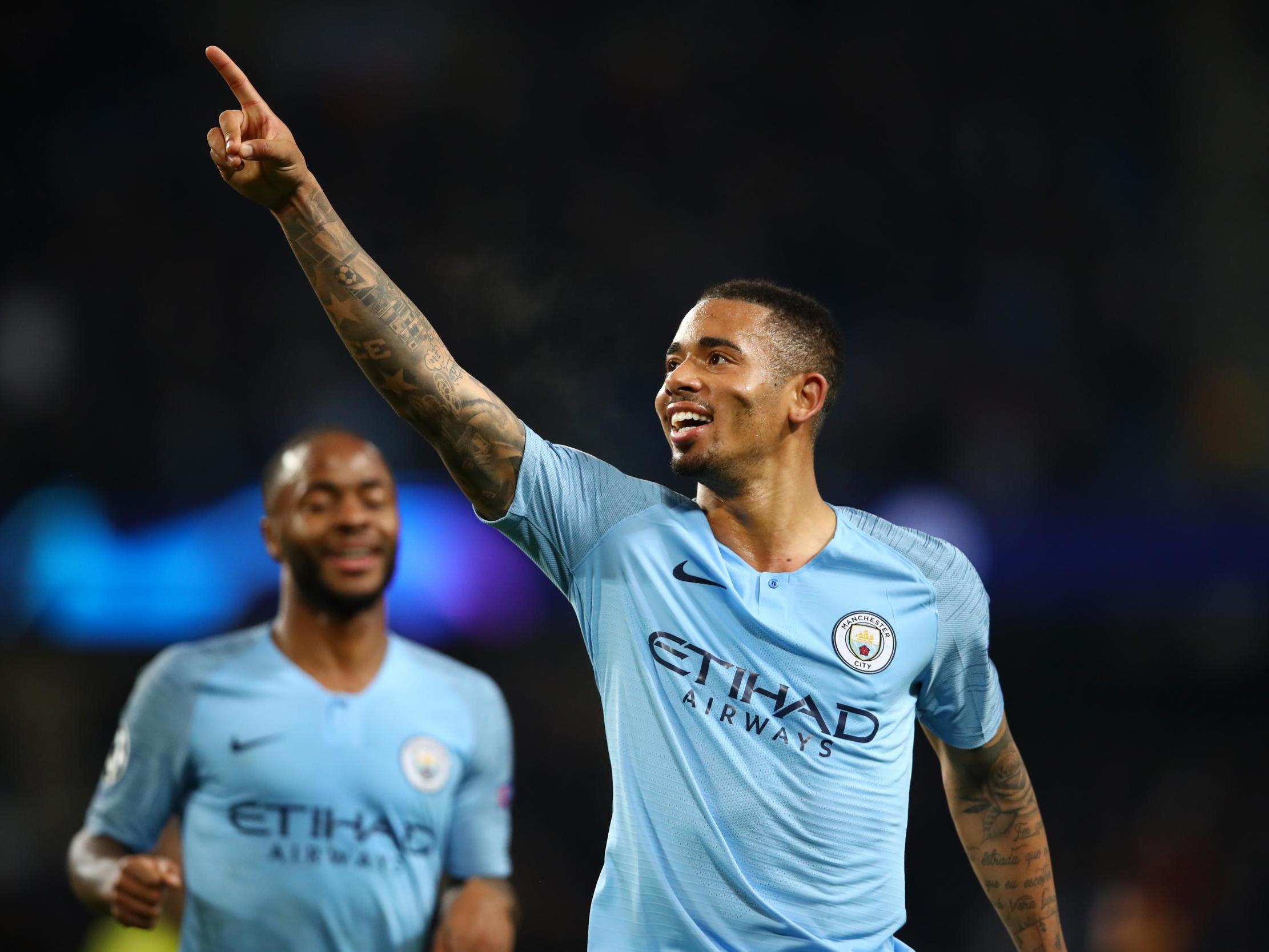 Gabriel Jesus celebrates his third goal for Manchester City