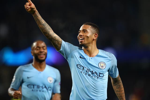 Gabriel Jesus celebrates his third goal for Manchester City