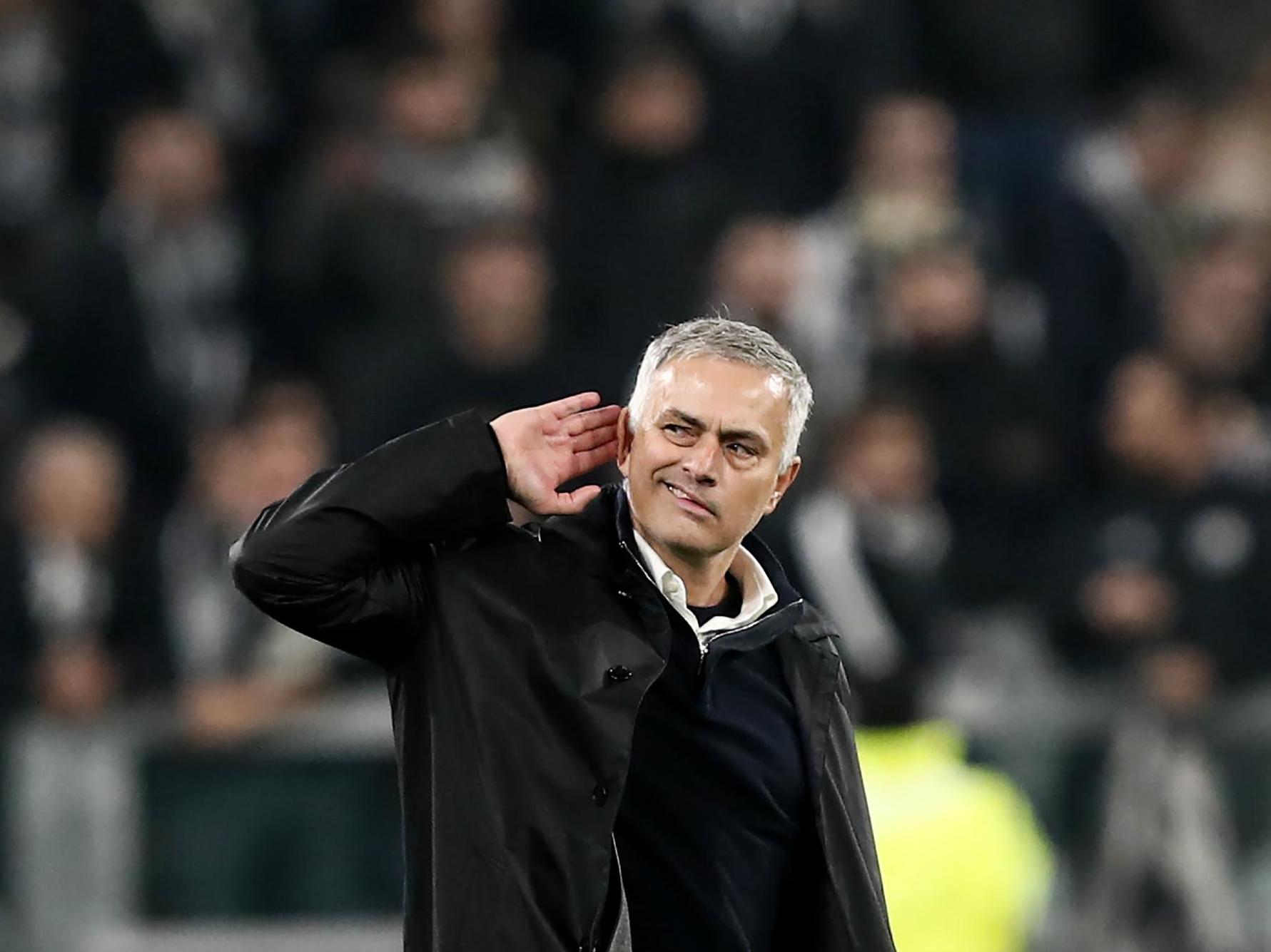 Mourinho gestures to the Juventus fans after Manchester United's 2-1 victory