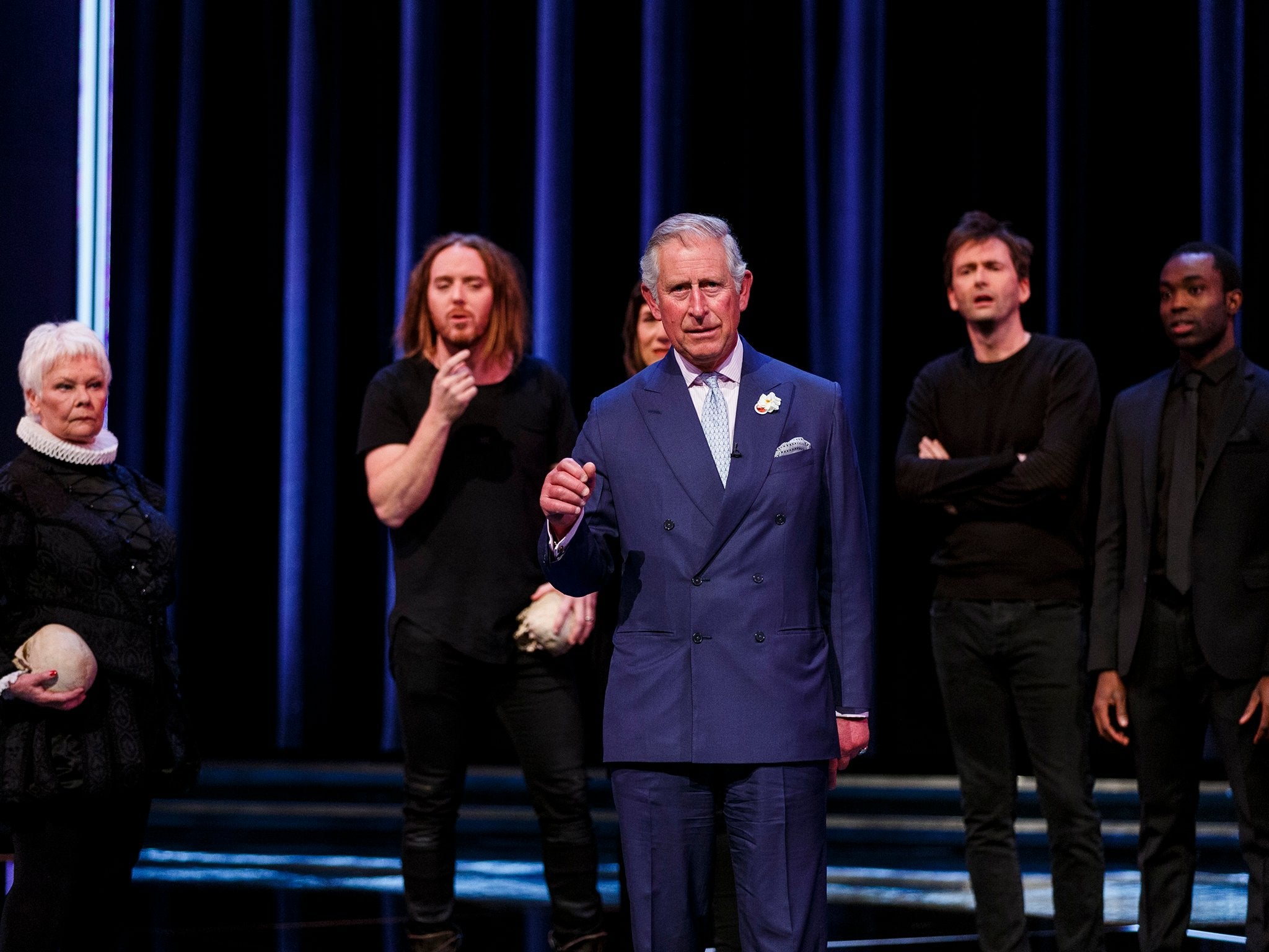 Charles performs alongside Dame Judi Dench, Tim Minchin, Harriet Walter, David Tennant and Paapa Essiedu as part of a special production of Shakespeare Live! from the RSC in 2016 (Getty)