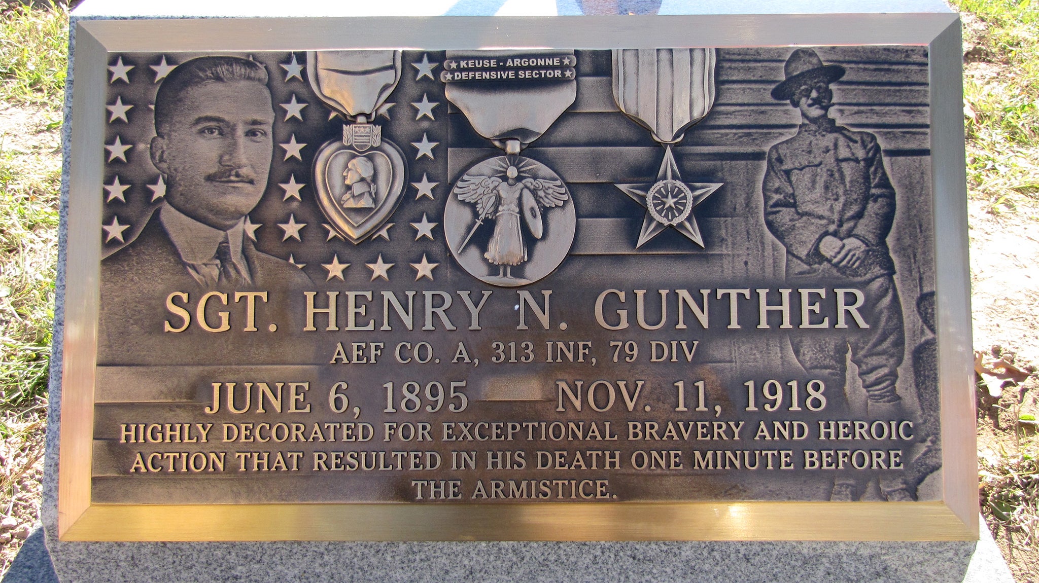 A plaque commemorating Henry Gunther, the last American soldier killed