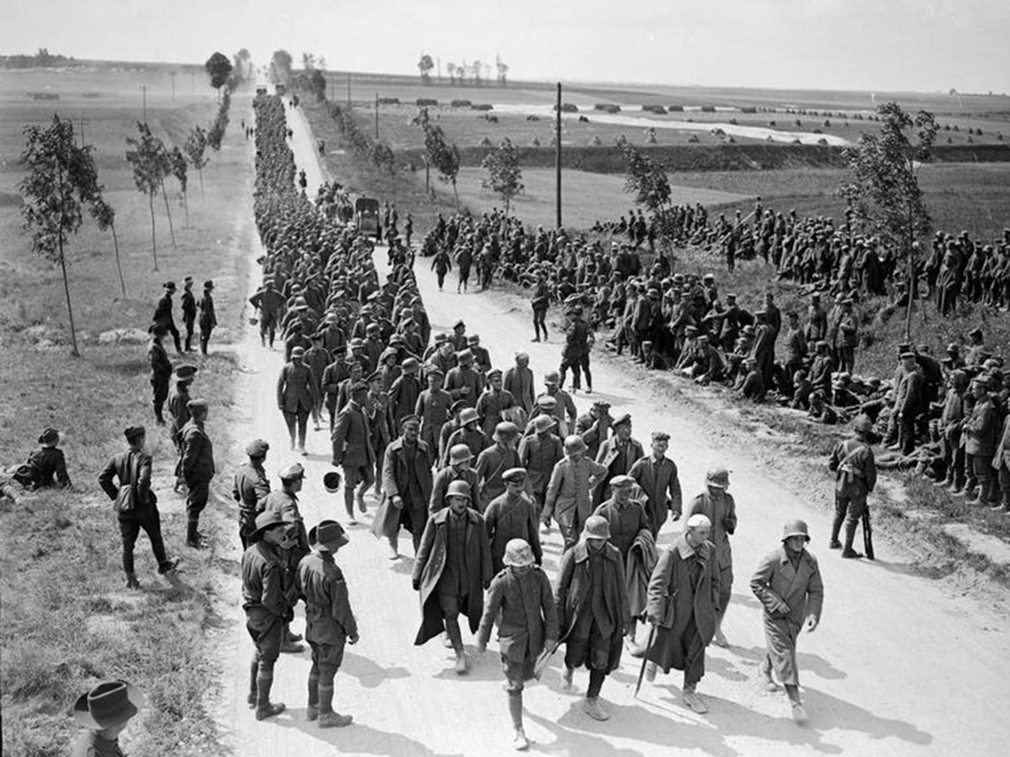 German prisoners arrive at a POW camp near Amiens, August 1918: the battle for the city was an allied victory that helped bring an end to the war