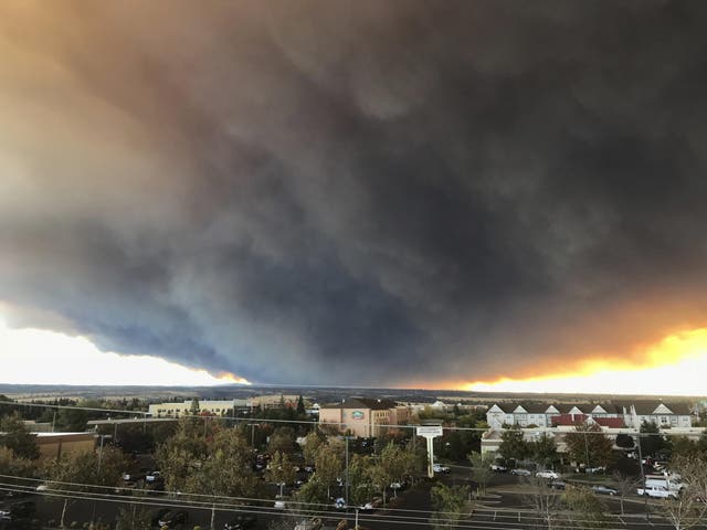 The massive plume from the Camp Fire, burning in the Feather River Canyon near Paradise, Calif., wafts over the Sacramento Valley as seen from Chico, Calif., on Thursday, Nov. 8, 2018. (David Little/Chico Enterprise-Record via AP)