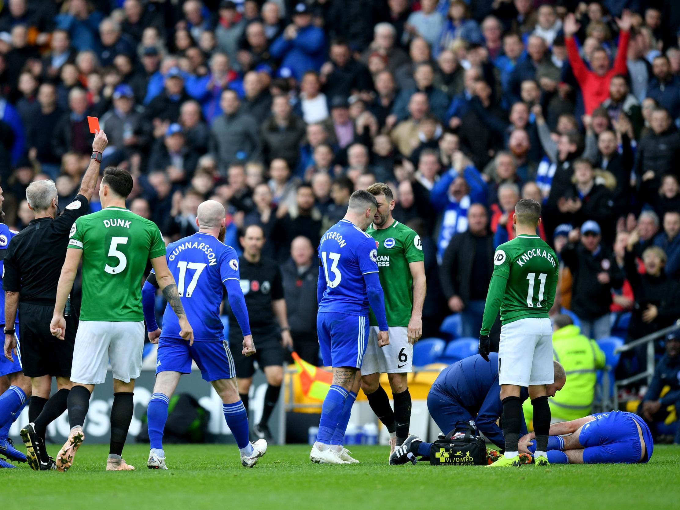 Dale Stephens is sent off for a reckless challenge