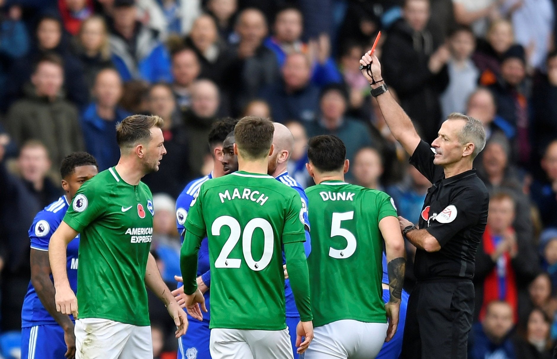 Dale Stephens received an early red card for a reckless slide tackle