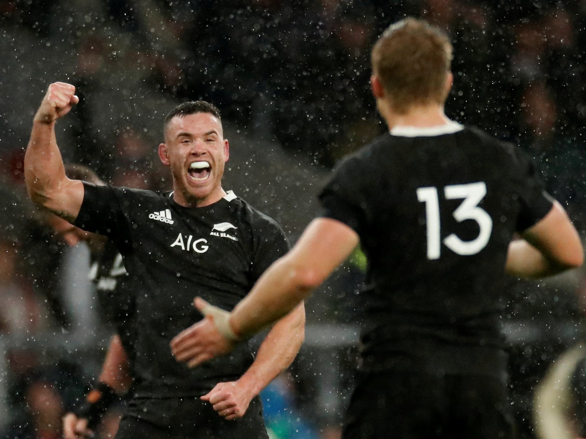 New Zealand’s Ryan Crotty celebrates victory after the match