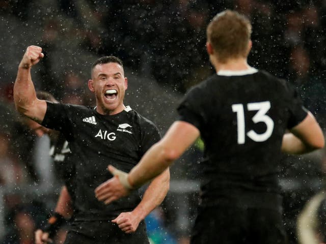 New Zealand's Ryan Crotty celebrates victory after the match