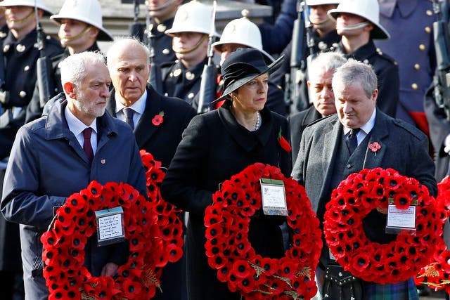 Theresa May, Jeremy Corbyn and Scottish National Party leader Angus Robertson at the National Service of Remembrance at the Cenotaph.