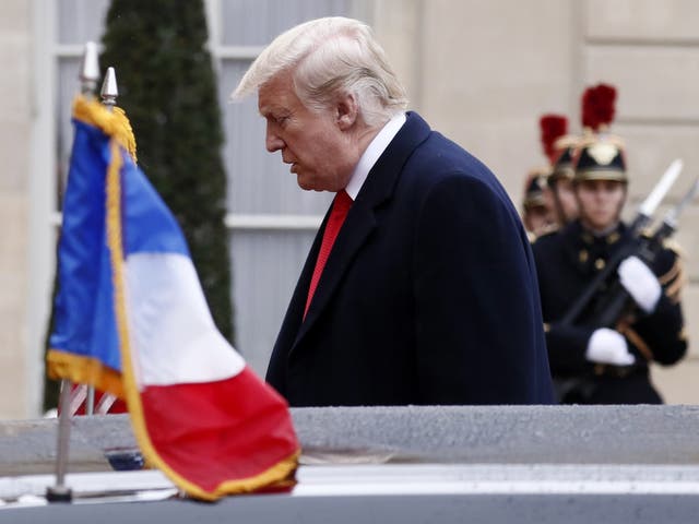 US President Donald Trump arrives for the official lunch following the international ceremony for the Centenary of the WWI Armistice of 11 November 1918