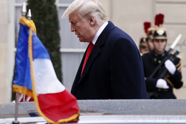 US President Donald Trump arrives for the official lunch following the international ceremony for the Centenary of the WWI Armistice of 11 November 1918