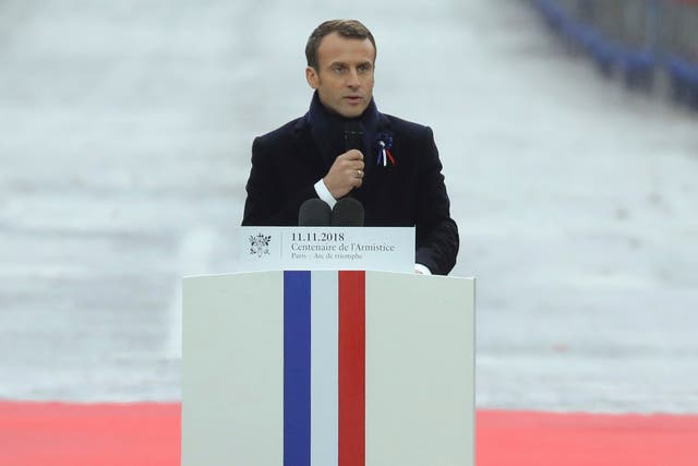 French President Emmanuel Macron delivers a speech during a ceremony at the Arc de Triomphe in Paris.
