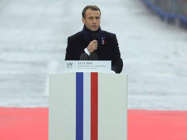 French President Emmanuel Macron delivers a speech during a ceremony at the Arc de Triomphe in Paris.