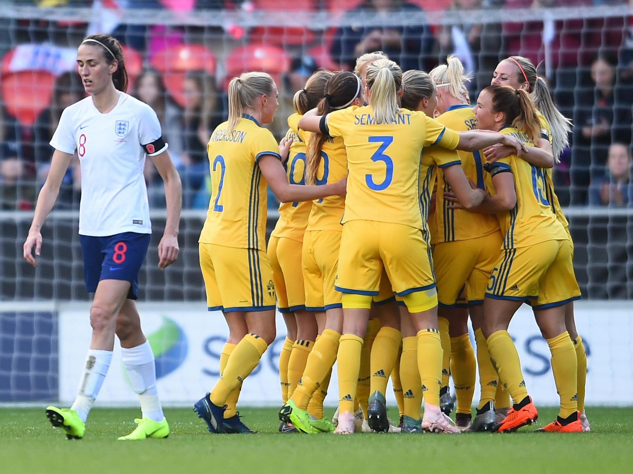 Sweden celebrate after Sofia Jakobsson's opener