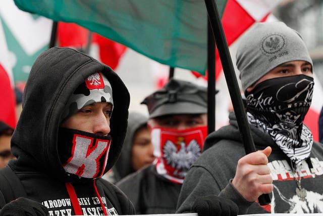 Masked members of radical right-wing groups march in Warsaw on 11 November