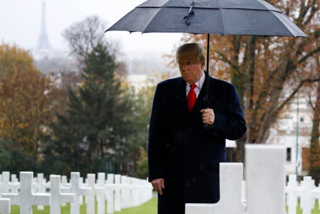 Donald Trump visited the Suresnes American cemetery near Paris on Sunday after cancelling an earlier trip to Belleau, where more than 1,800 Americans died
