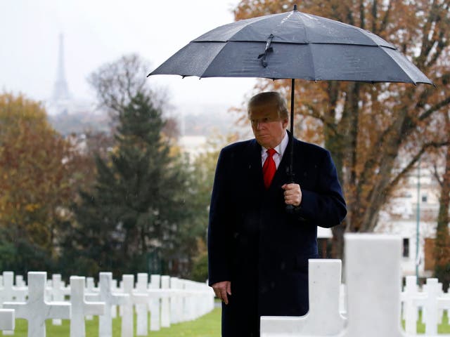 Donald Trump visited the Suresnes American cemetery near Paris on Sunday after cancelling an earlier trip to Belleau, where more than 1,800 Americans died