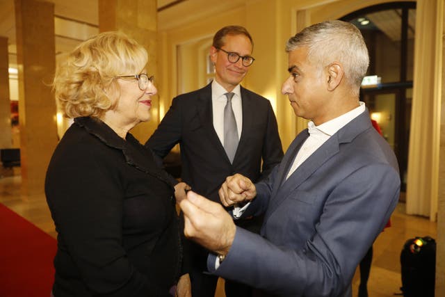 Sadiq Khan (R) met with Berlin Mayor Michael Mueller and Madrid Mayor Manuela Carmena to discuss the consequences of Brexit, immigration and the growth of right-wing populism.