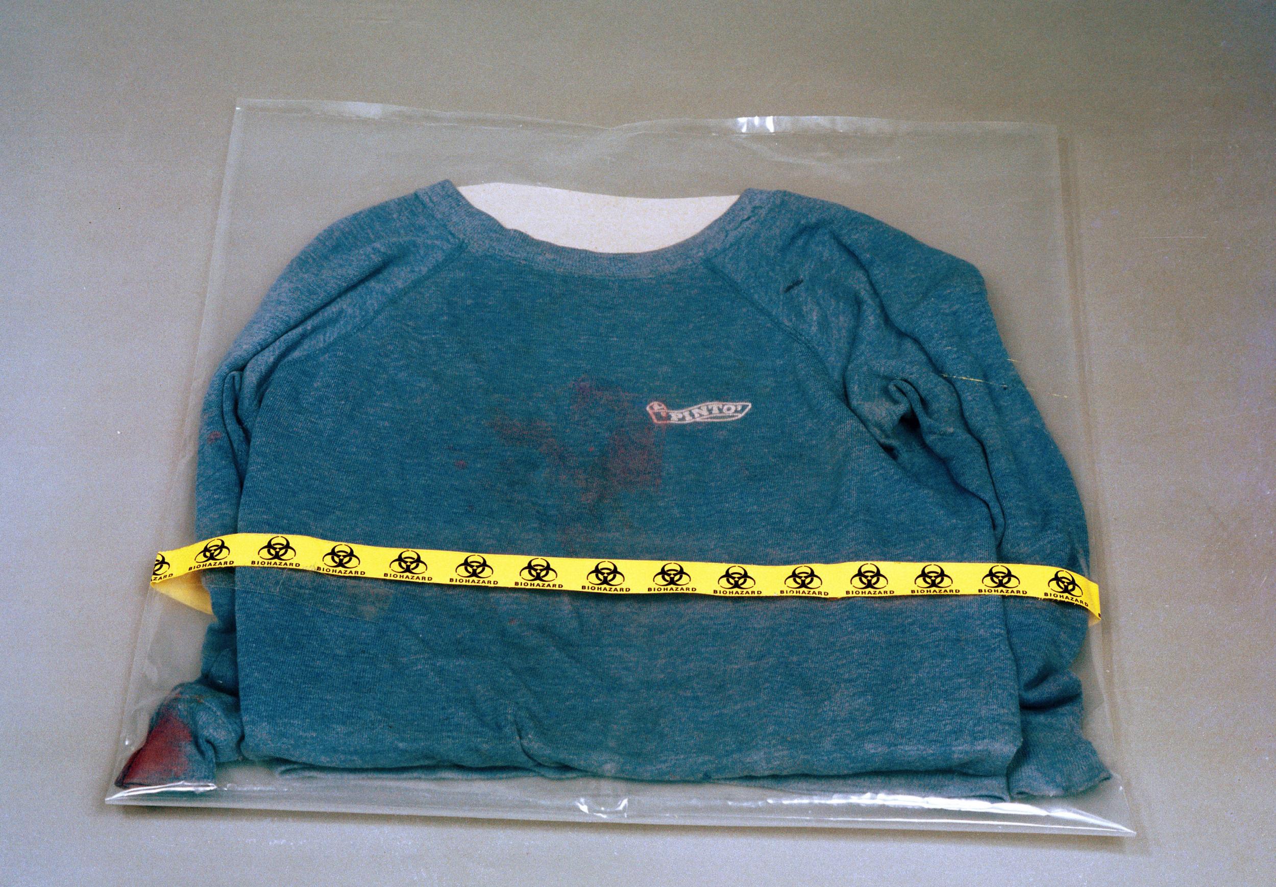The police were convinced that this Pinto-branded sweatshirt, discarded on the night of the murders, contained forensic proof that Bishop was the killer