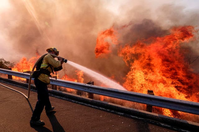 A firefighter battles a fire along the Ronald Reagan Freeway, aka state Highway 118, in Simi Valley, California