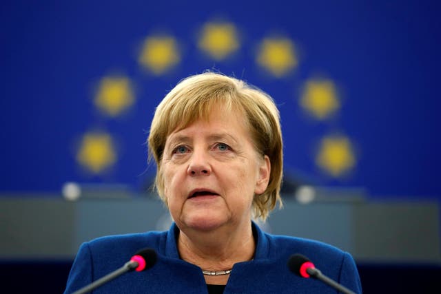 German Chancellor Angela Merkel addresses the European Parliament