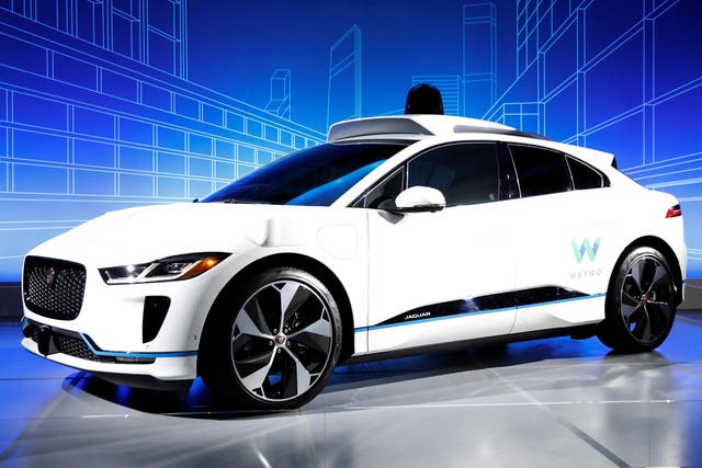 A Jaguar self-driving car unveiled by Waymo in New York City, March 27, 2018