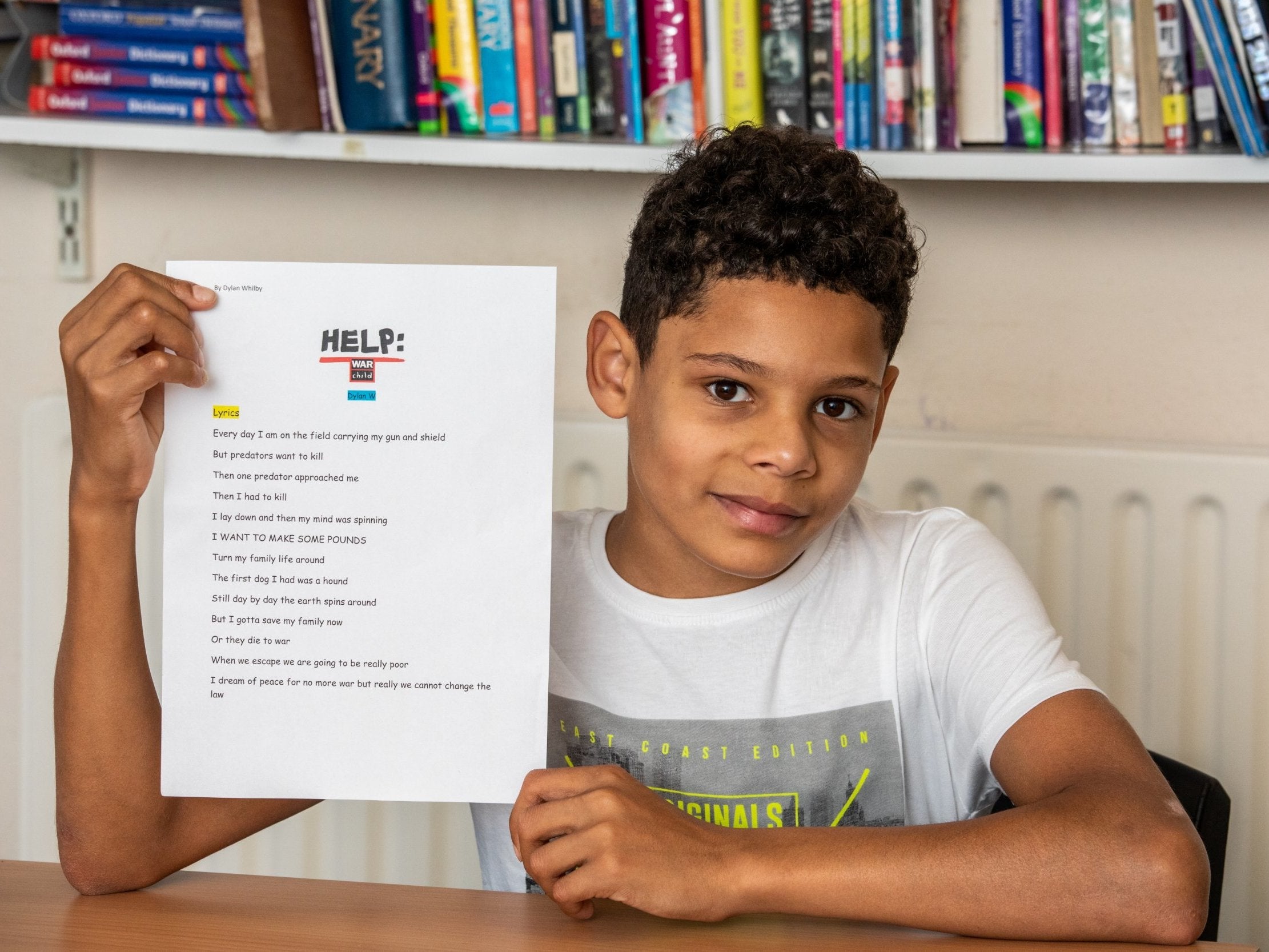 Twelve-year-old Dylan, who attends the Frances Barber Pupil Referral Unit in Wandsworth, south London, shows off his lyrics