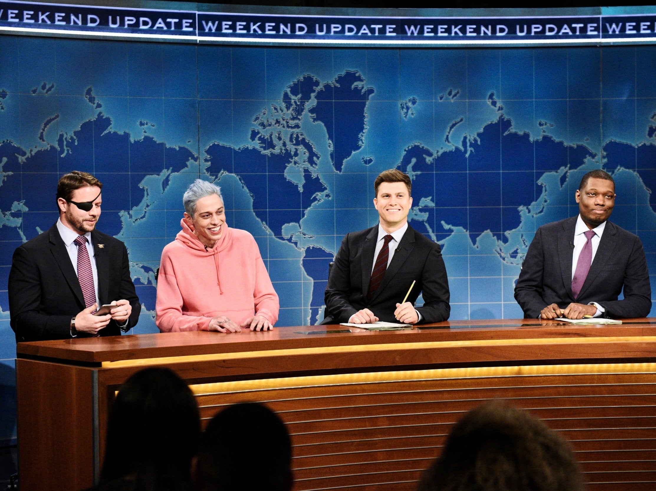 (From left) Dan Crenshaw, anchors Pete Davidson, Colin Jost, and Michael Che appear during Saturday Night Live on 10 November (Will Heath/NBC