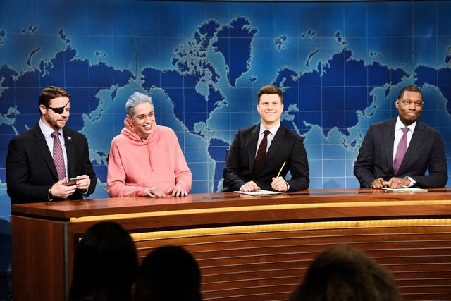 (From left) Dan Crenshaw, anchors Pete Davidson, Colin Jost, and Michael Che appear during Saturday Night Live on 10 November (Will Heath/NBC