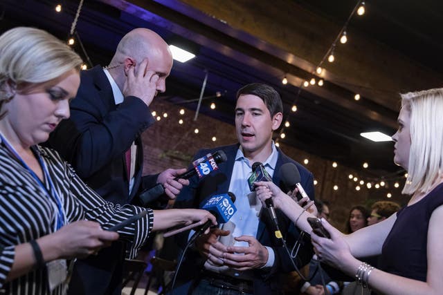 Democratic challenger, Josh Harder speaks with television reporters during an election night event on 6 November 2018 in Modesto, California (Alex Edelman/