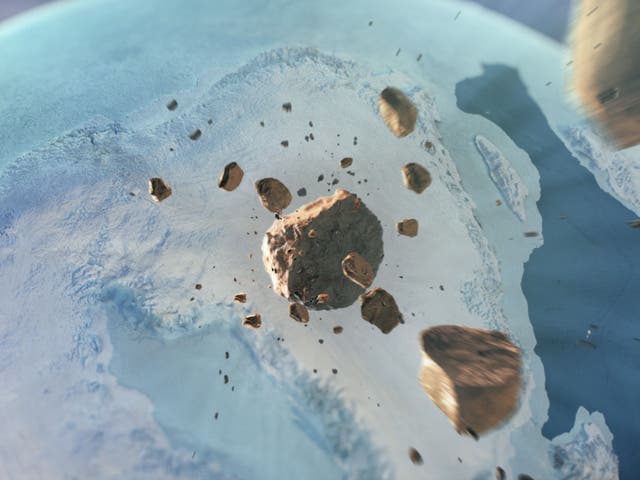 An artist’s depiction of a possible impact into the Greenland Ice Sheet