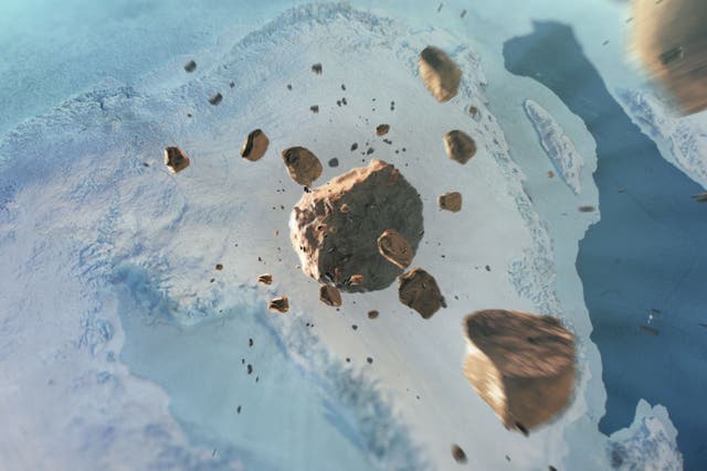 An artist’s depiction of a possible impact into the Greenland Ice Sheet