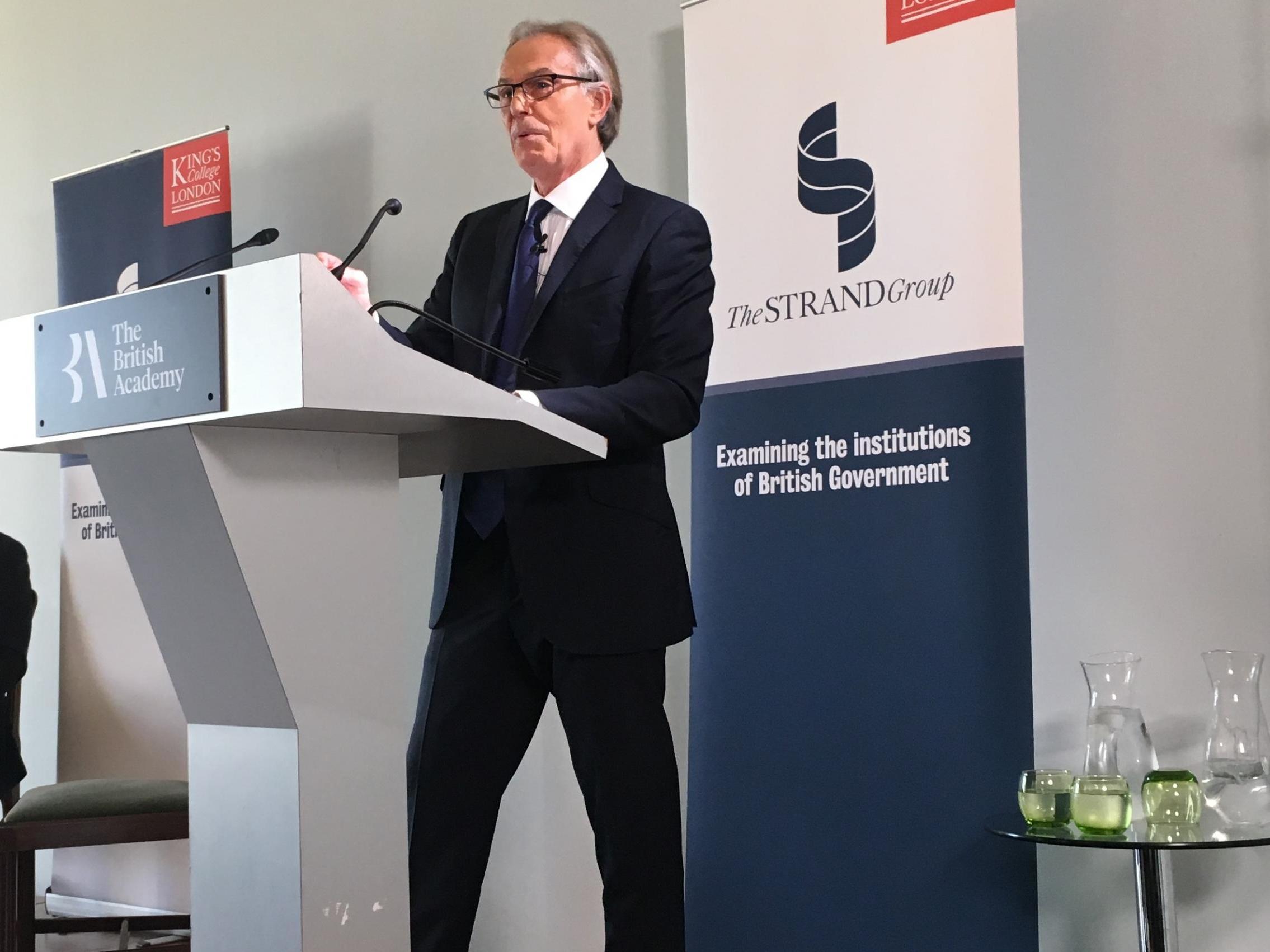 Tony Blair speaks yesterday at King’s College London