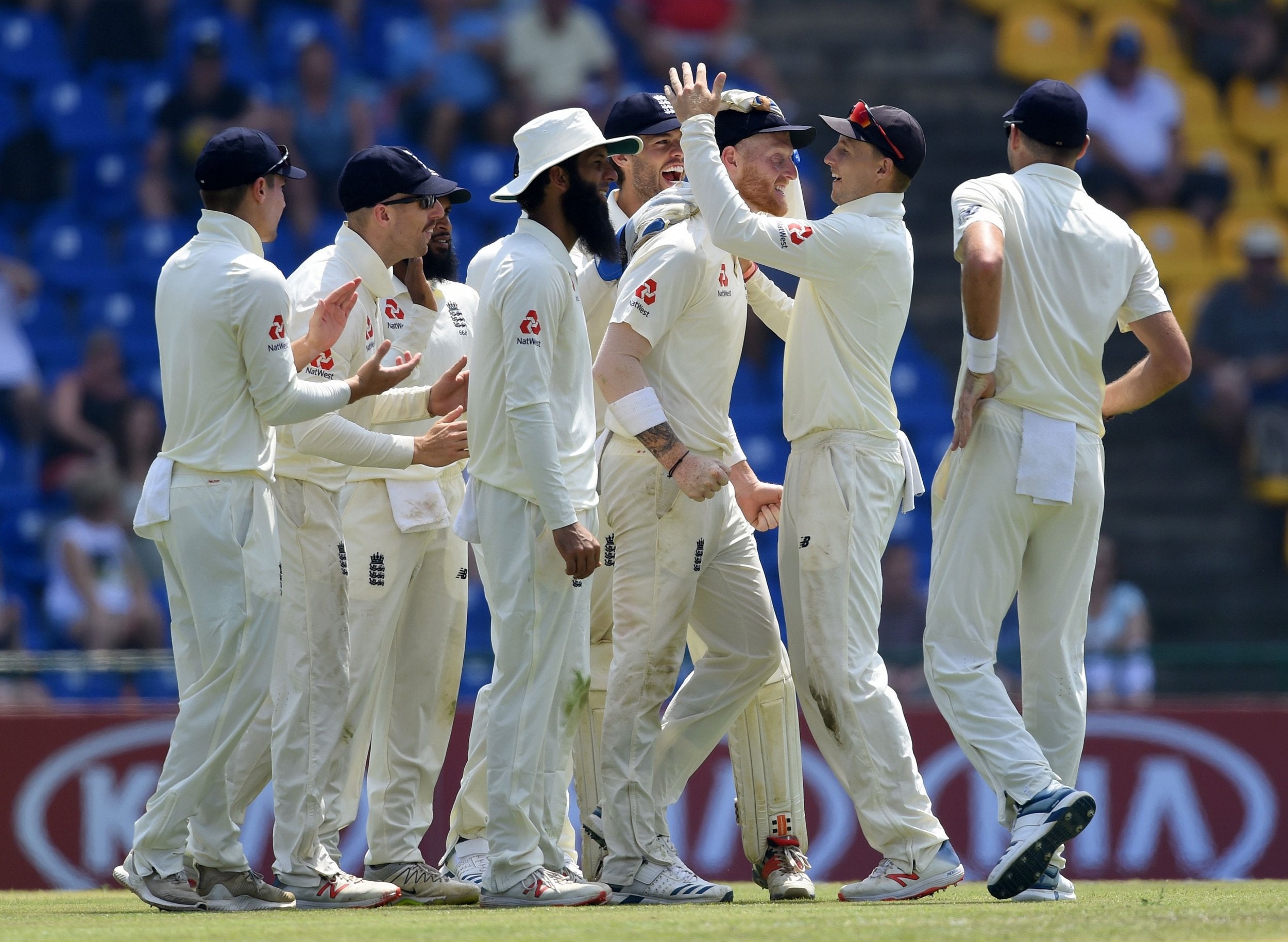 Ben Stokes celebrates after taking the valuable wicket of Dimuth Karunaratne