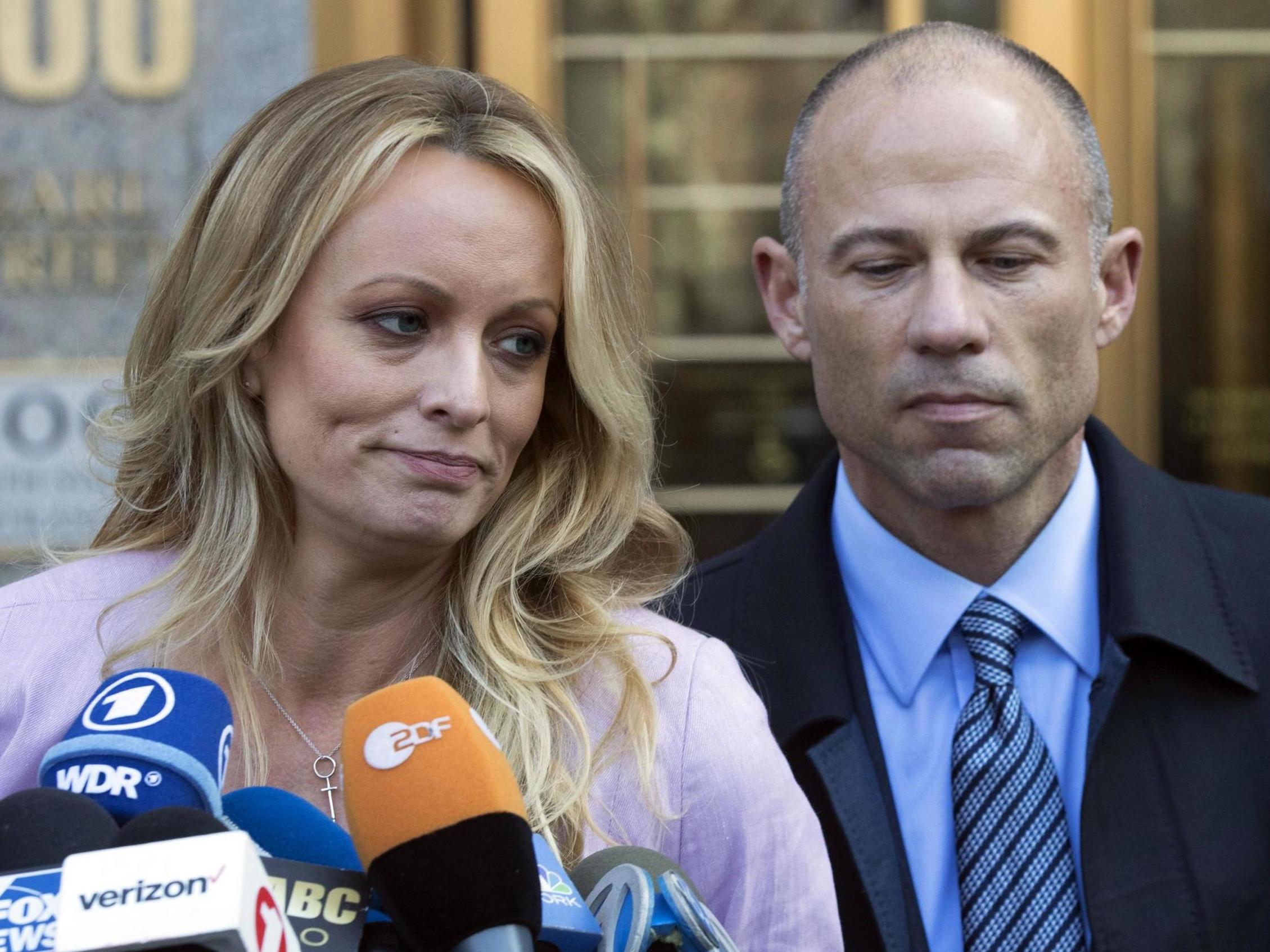 Stormy Daniels, whose given name is Stephanie Clifford, and her attorney Michael Avenatti at a press release outside federal court in New York City April 16 2018