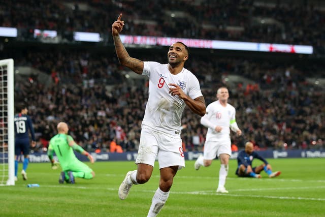 Callum Wilson celebrates his first international goal