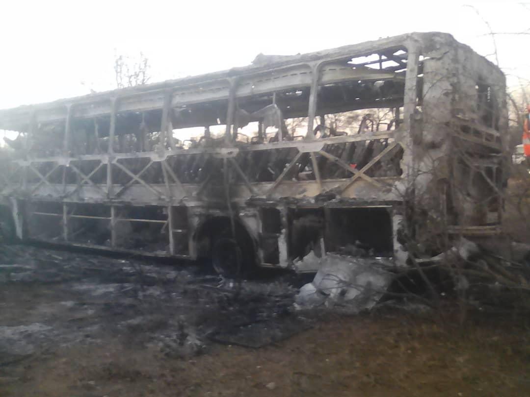Remains of a bus involved in an accident which killed 40 people in Zimbabwe