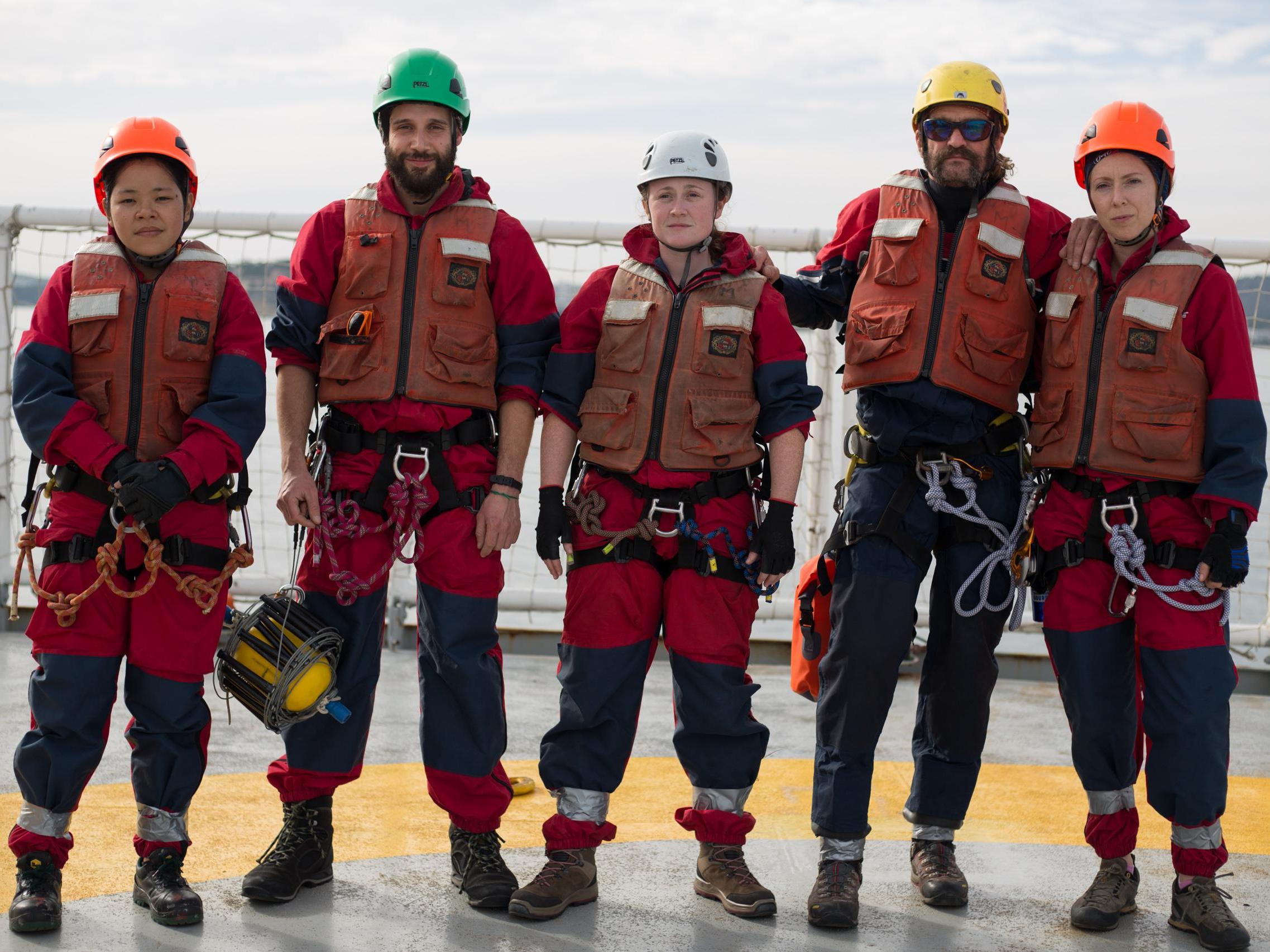 Five of the six Greenpeace volunteers who boarded the palm oil tanker (Jeremy Sutton-Hibbert / Greenpeace)